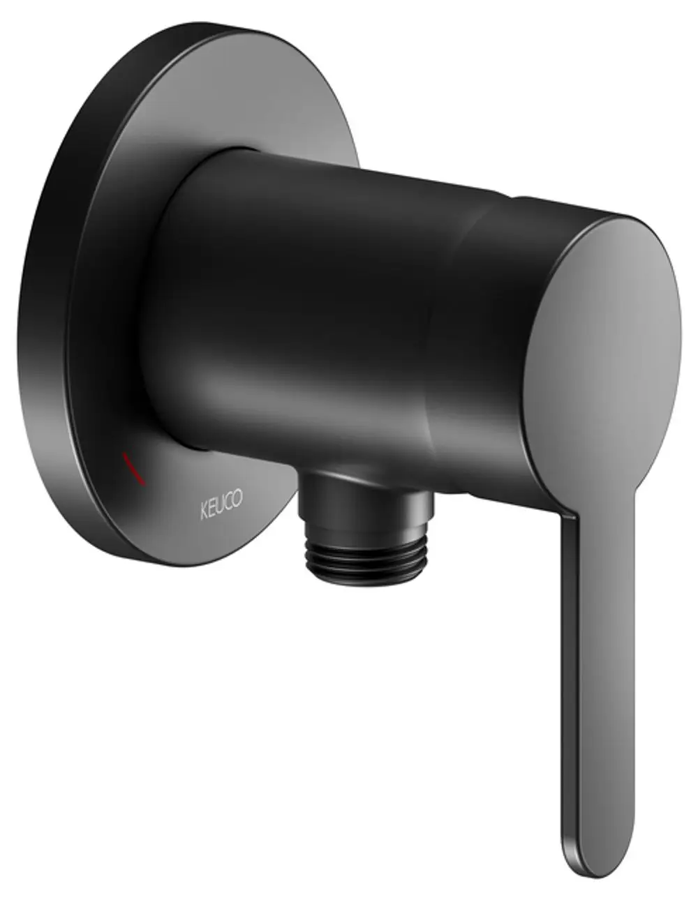 Schwarzer Wandmischer von Keuco mit flachem Griff und Schlauchanschluss, rundem Gehäuse und rotem Indikator für Warmwasser.